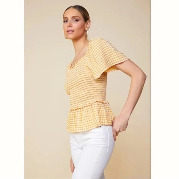 💕SKIES ARE BLUE💕 Checkered Smocked Top Yellow Mustard Gingham Print Large NWT - Picture 2 of 16